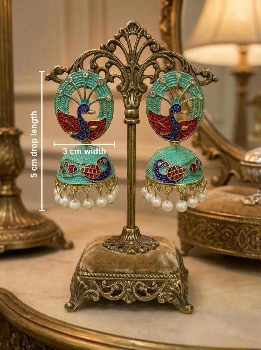 Turquoise blue 5.5cm Meenakari peacock jhumkas on a display card highlighting the detailed bird stud.