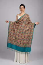 Turquoise colour embroidered scarf with multi coloured embroidered.