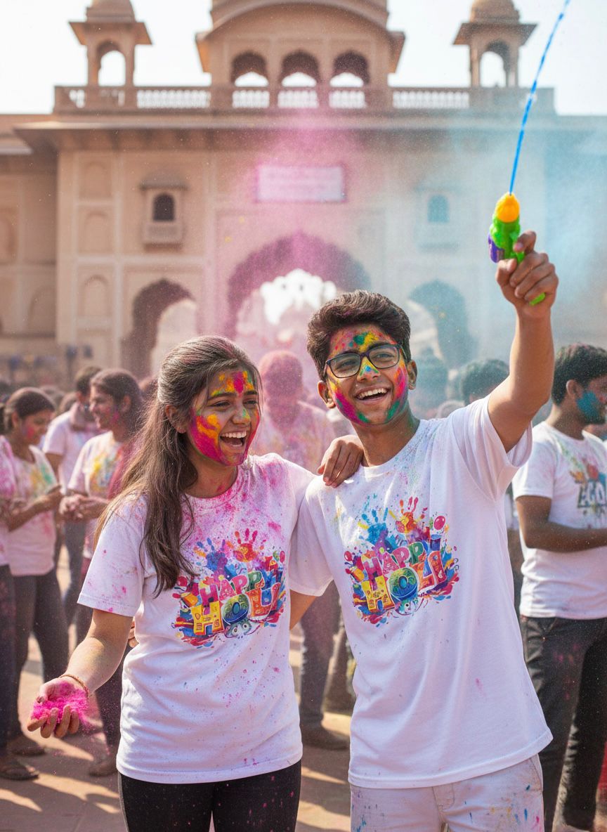 Two people celebrating Holi festival with colorful powder and paint in front of a historic building.