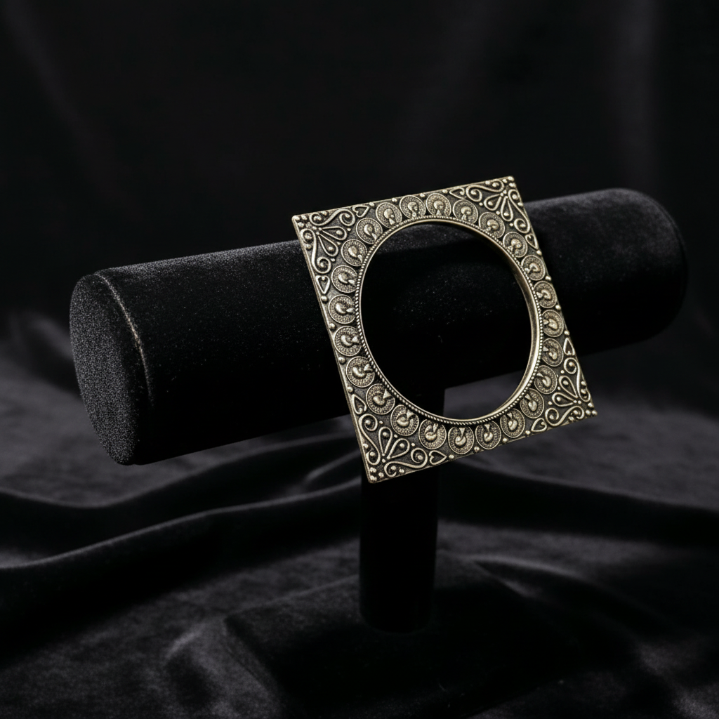 An ornate square silver-toned ring box with a decorative filigree border, displayed on a black velvet jewelry stand against a dark draped fabric background.
