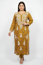 UK plus size mustard colour floral printed plus size long kurti with white hand embroidery is displayed