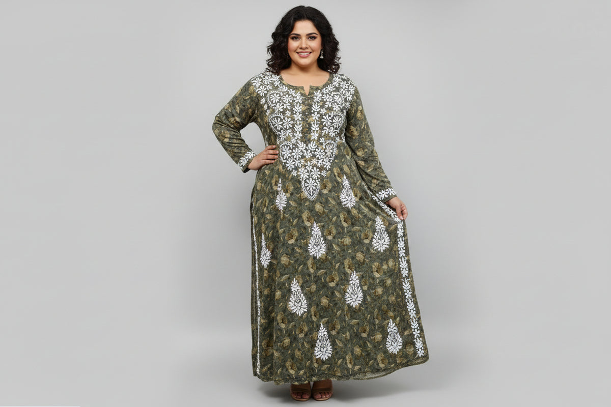 UK plus size olive green colour floral printed plus size long kurti with white hand embroidery is displayed 