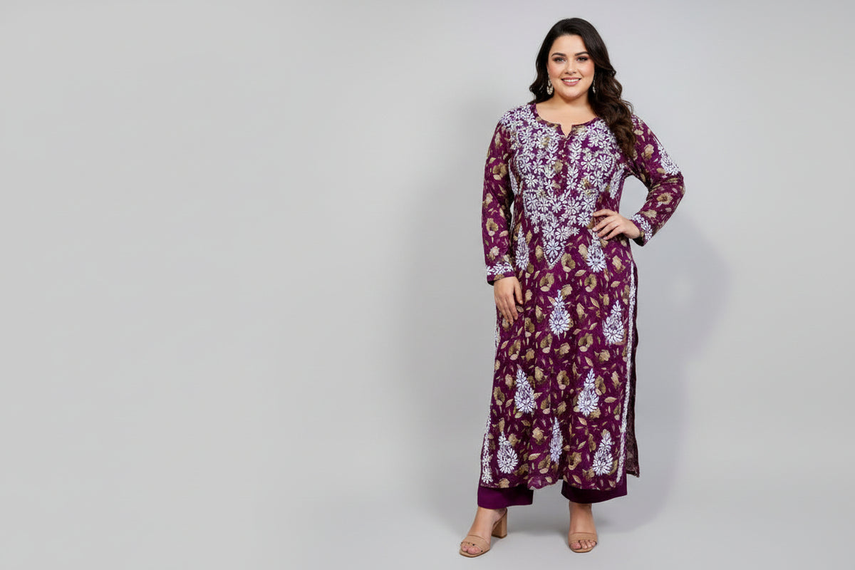 UK plus size plum colour floral printed plus size long kurti with white hand embroidery is displayed
