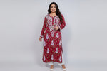 UK plus size red floral printed plus size long kurti with white hand embroidery is displayed