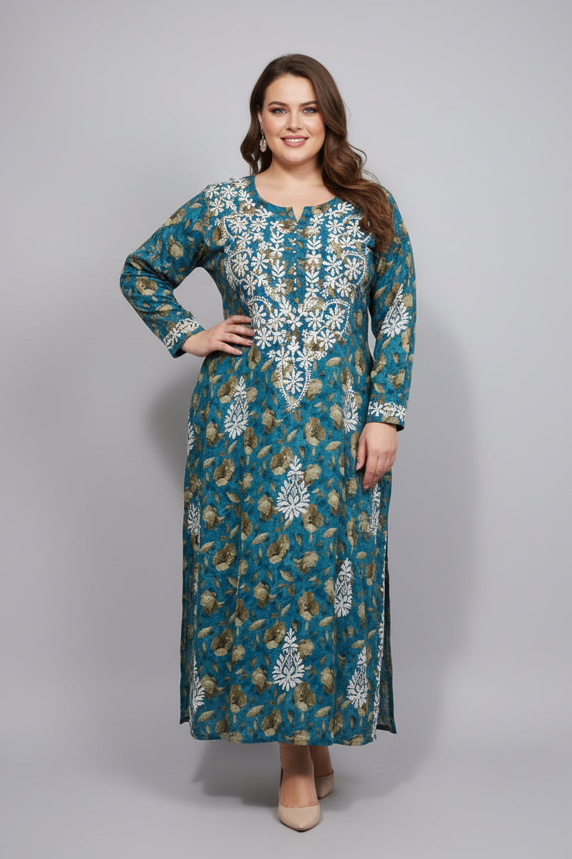 UK plus size teal blue colour floral printed plus size long kurti with white hand embroidery is displayed