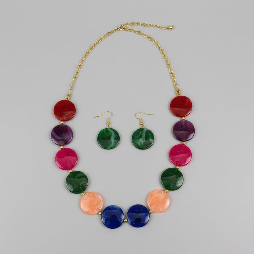 Vibrant Multicolour Statement Necklace Set – Bold Fashion Jewellery with bottle green dis and golden hook on top part Earrings