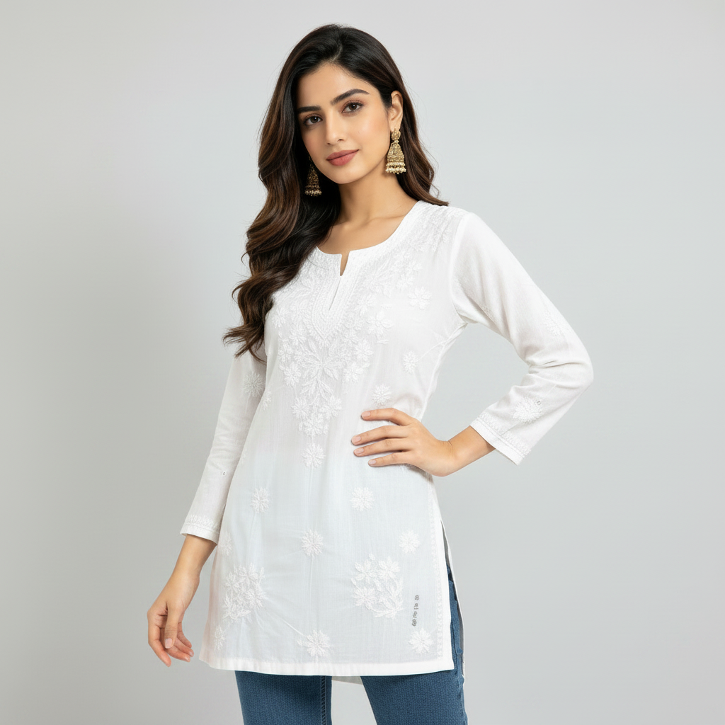 A woman modeling a white long-sleeve embroidered kurta with a split neckline and subtle floral embroidery, paired with matching white pants, against a plain white studio background.