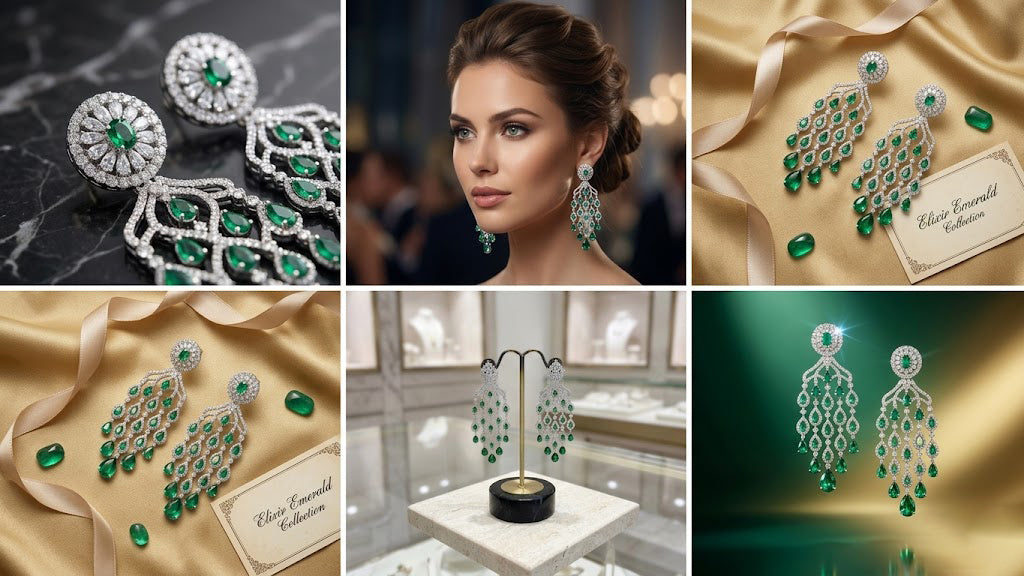 Close-up side profile of a rhodium-plated chandelier earring set with sparkling cubic zirconia crystals and teardrop emerald stones.