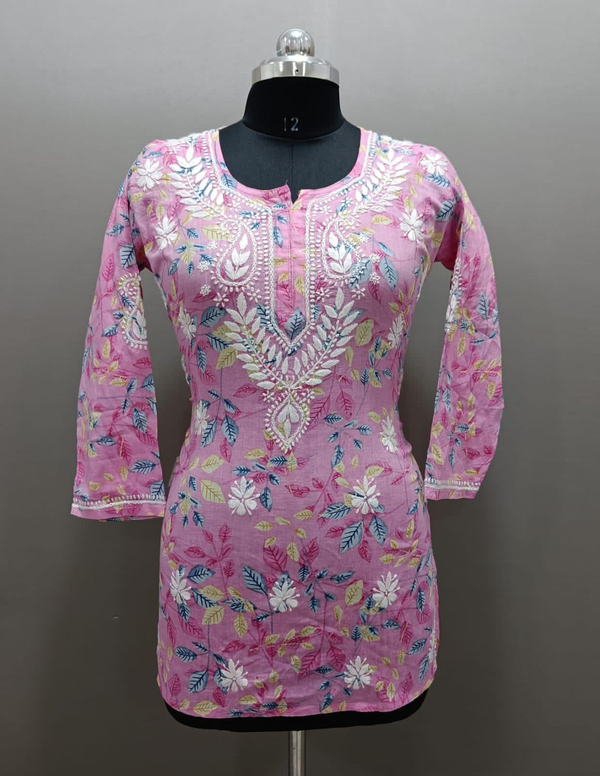 Chikankari Printed Short Kurta/Shirt/Top - Mul Mul Cotton - Ghass Patti work