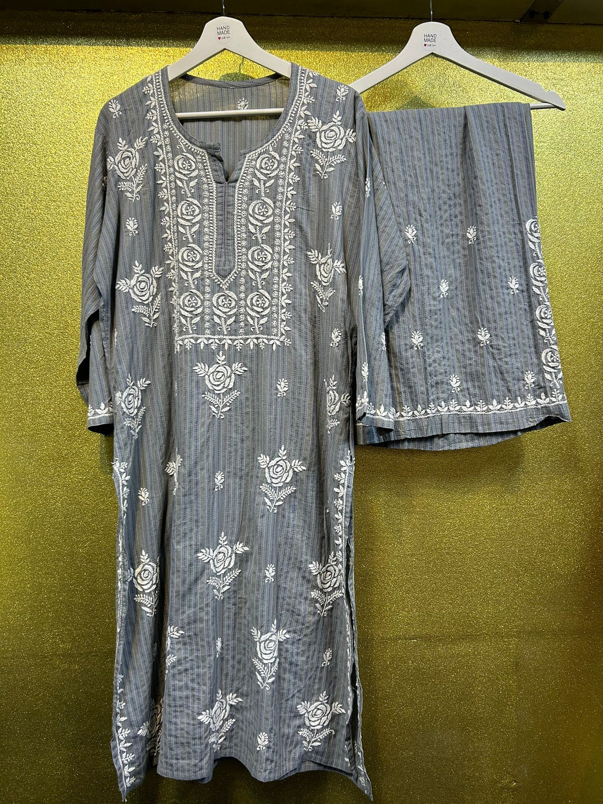 Chikankari Stripe Pattern Palazzo set Kurta/Shirt/Top with Trousers