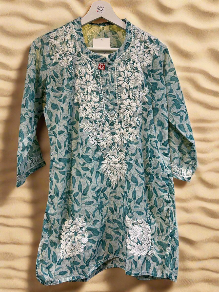 Chikankari Printed Leaves Short Kurta/Shirt/Top - Georgette - Ghass Patti work