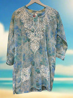 Chikankari Printed Large Floral - Short Kurta/Shirt/Top - Georgette - Ghass Patti work