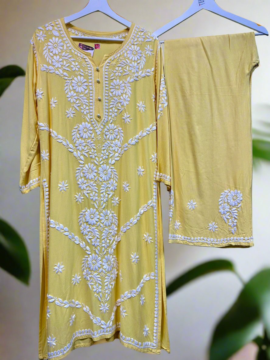 Chikankari - Palazzo set - Center Floral Kurta/Shirt/Top with Trousers