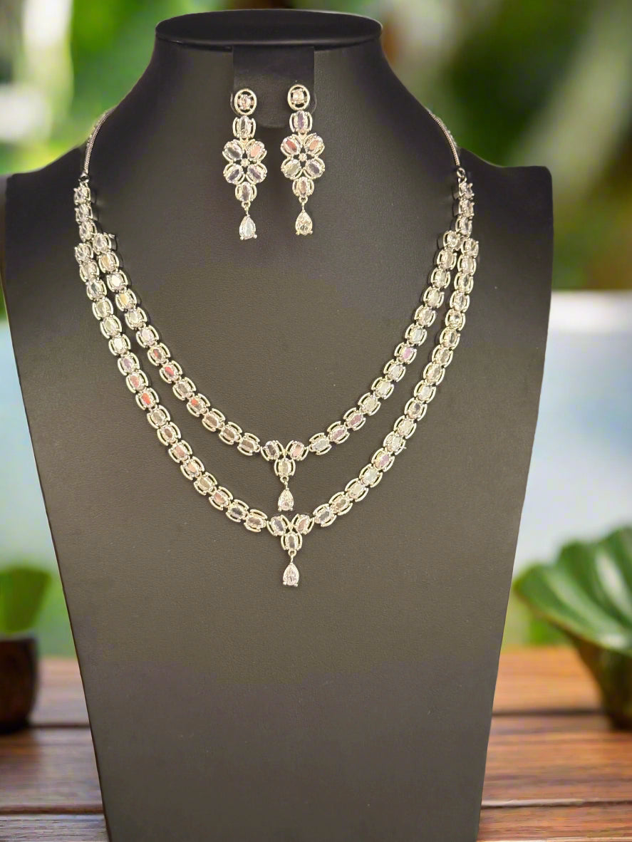 Regal Majesty Double Layer AD Necklace and Earrings Set 