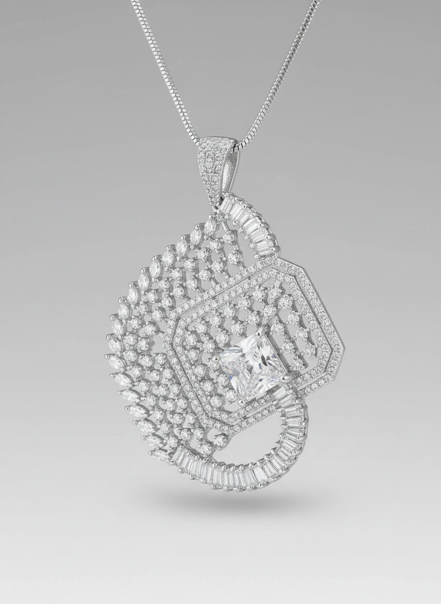 White AD centre stone pendant, featuring a geometric design with intricate detailing, displayed on a black mannequin. Party wear set.