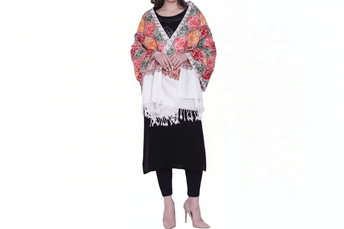 White base colour Kashmiri embroidered Scarf/shawlwith multi colour machine embroidery by Famaza Couture