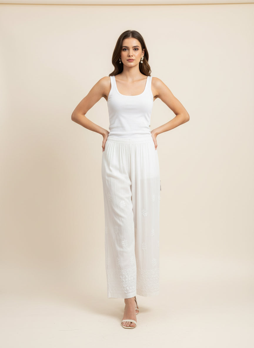 White chikankari wide leg modal trousers for women