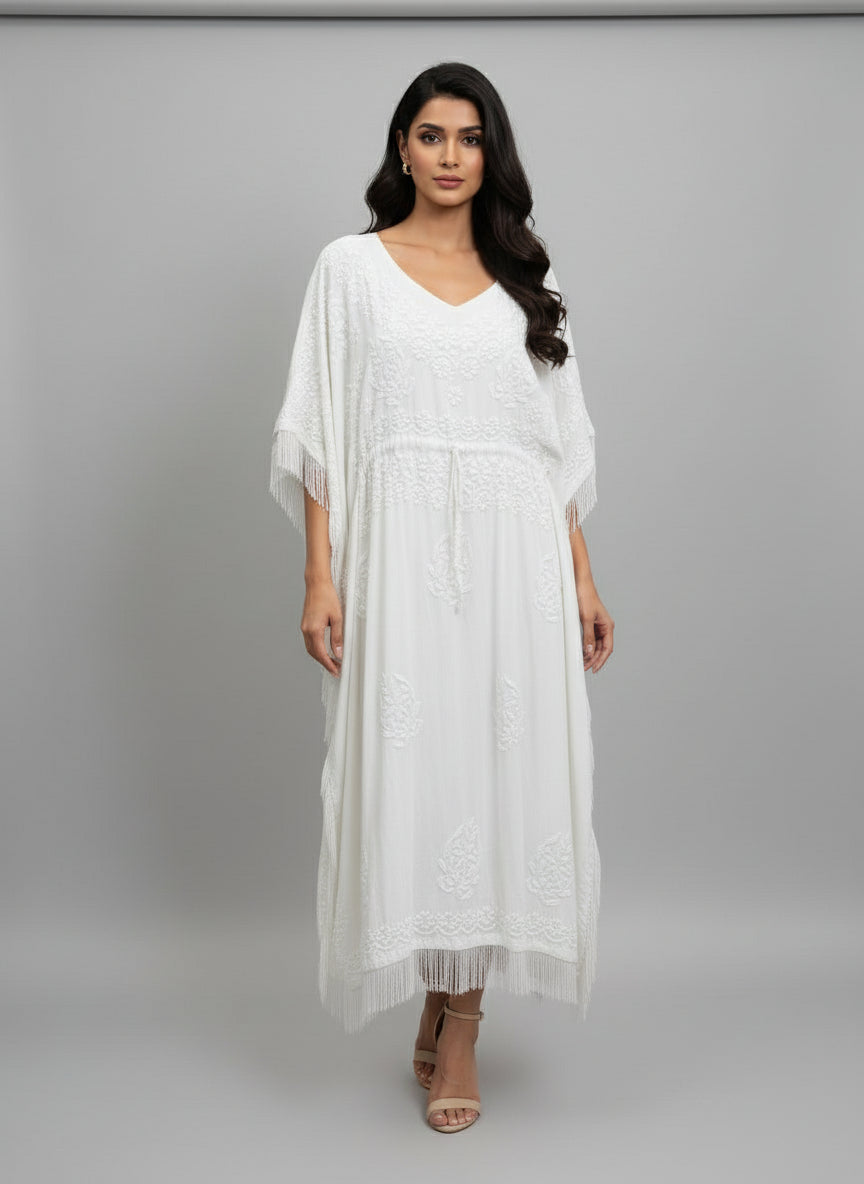 White colour kaftan with white chikankari embroidery by famaza couture 