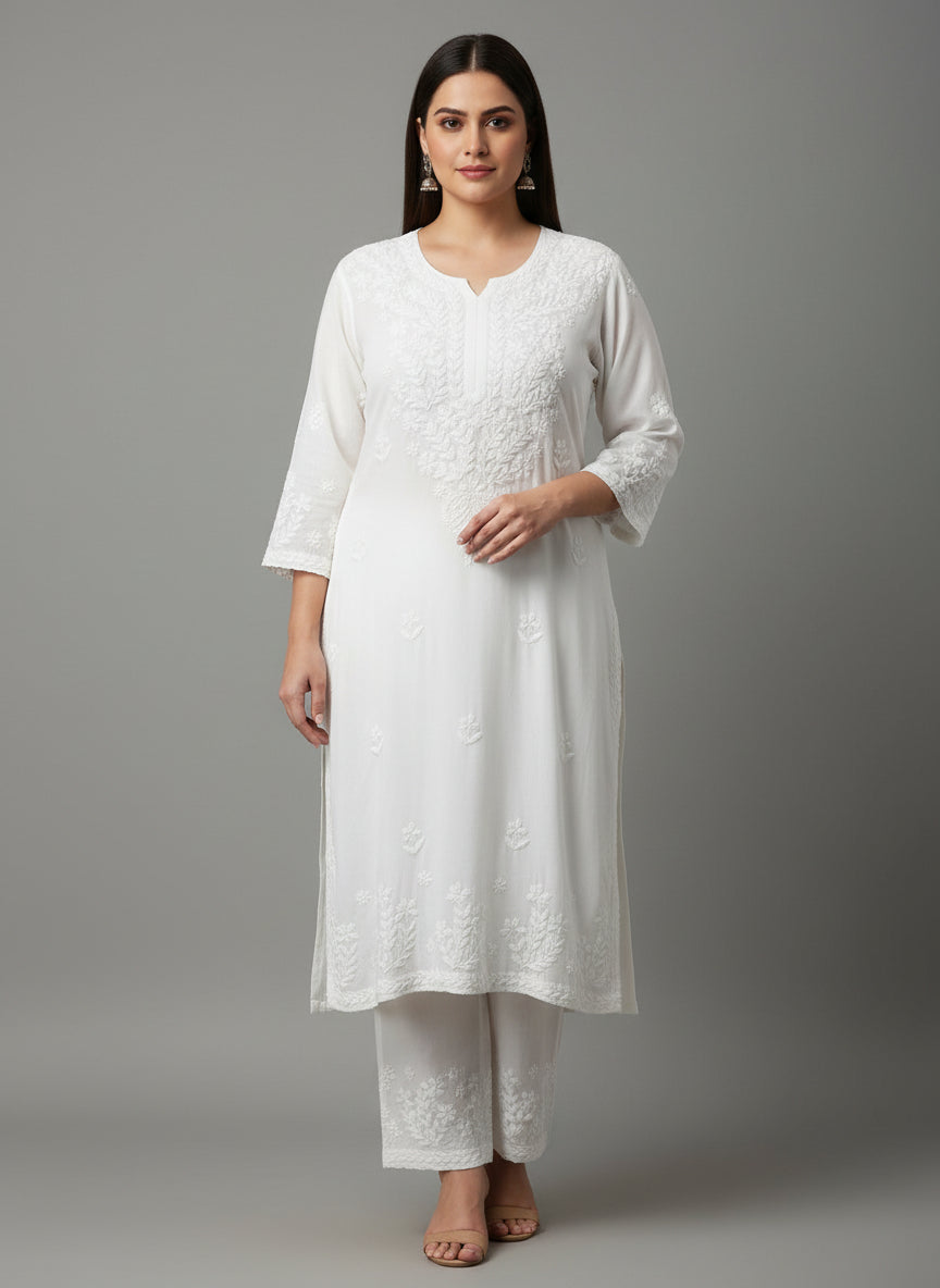 White colour rayon fabric UK 5XL plus size chikankari kurti with white thread embroidery.
