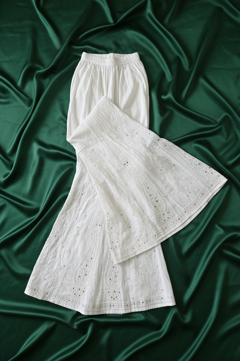 White eyelet flared pants with an elastic waistband, laid flat on a draped dark green satin fabric background.