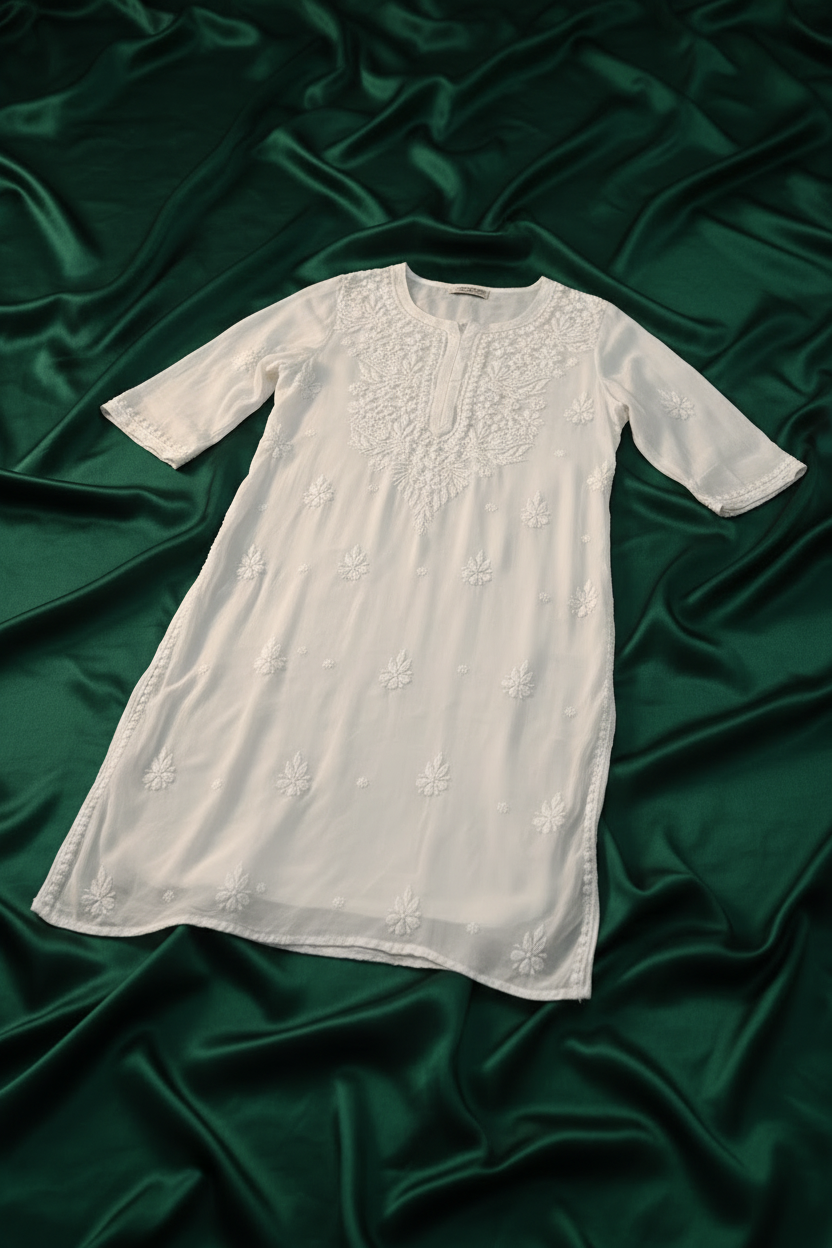 An off-white embroidered tunic dress with short sleeves and a round neckline, displayed on a marble-topped table in a bright, modern room.