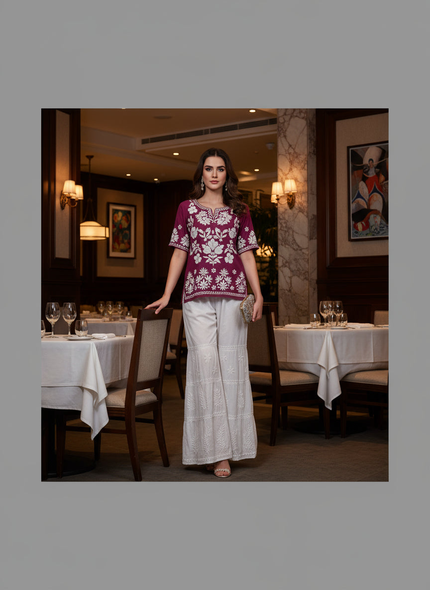 White embroidered pants on a mannequin in a clothing store.