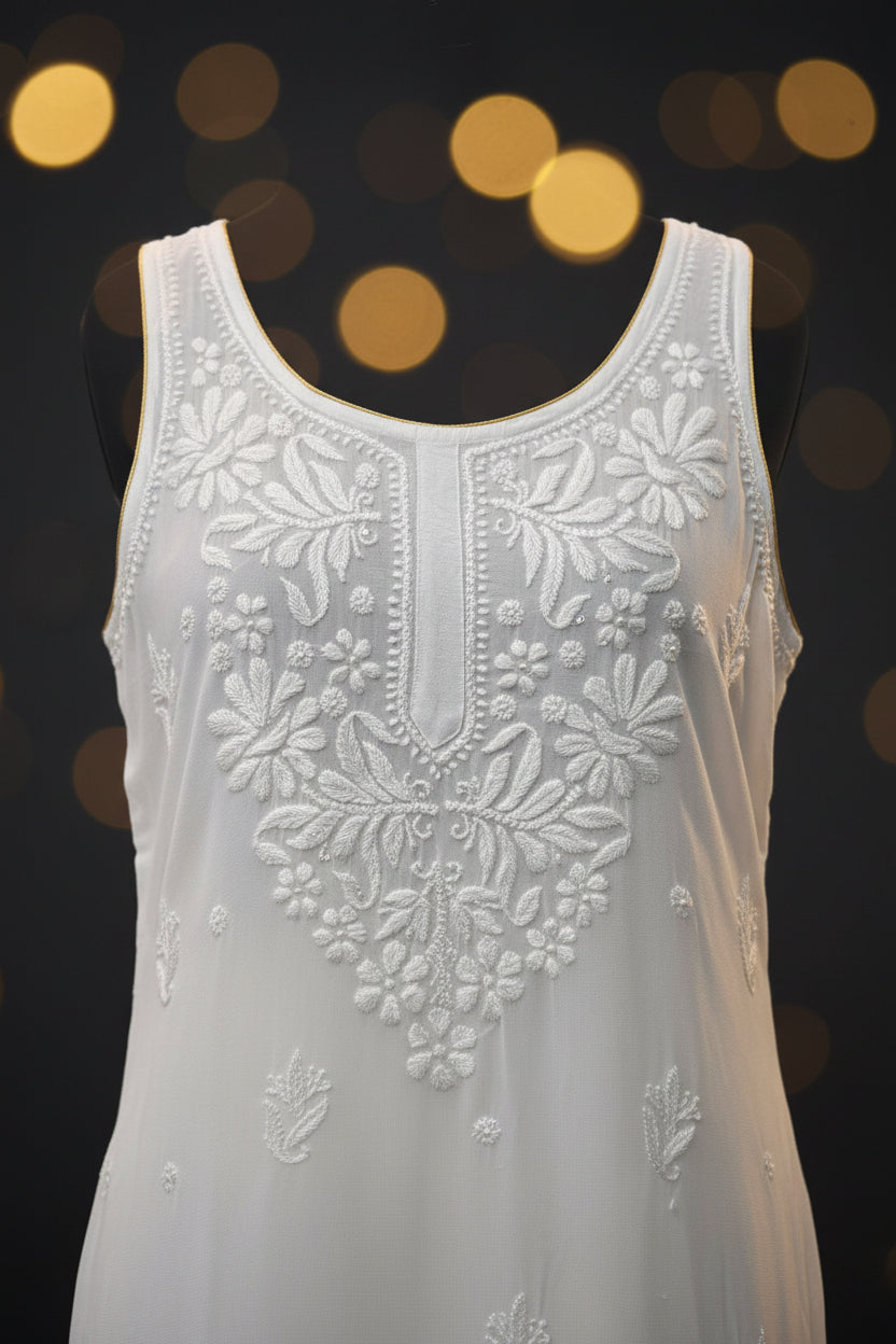 White sleeveless sheer mesh dress with intricate floral embroidery and beadwork, hanging on a white hanger.