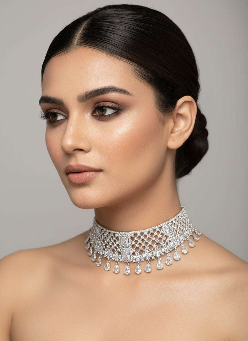 White_stones_American_dimonds_choker_necklace on a dummy by famaza couture 