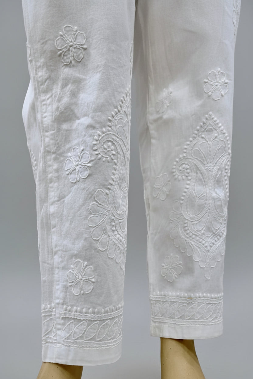 White stretchable cotton hand embroidered chikankari pants with pockets 