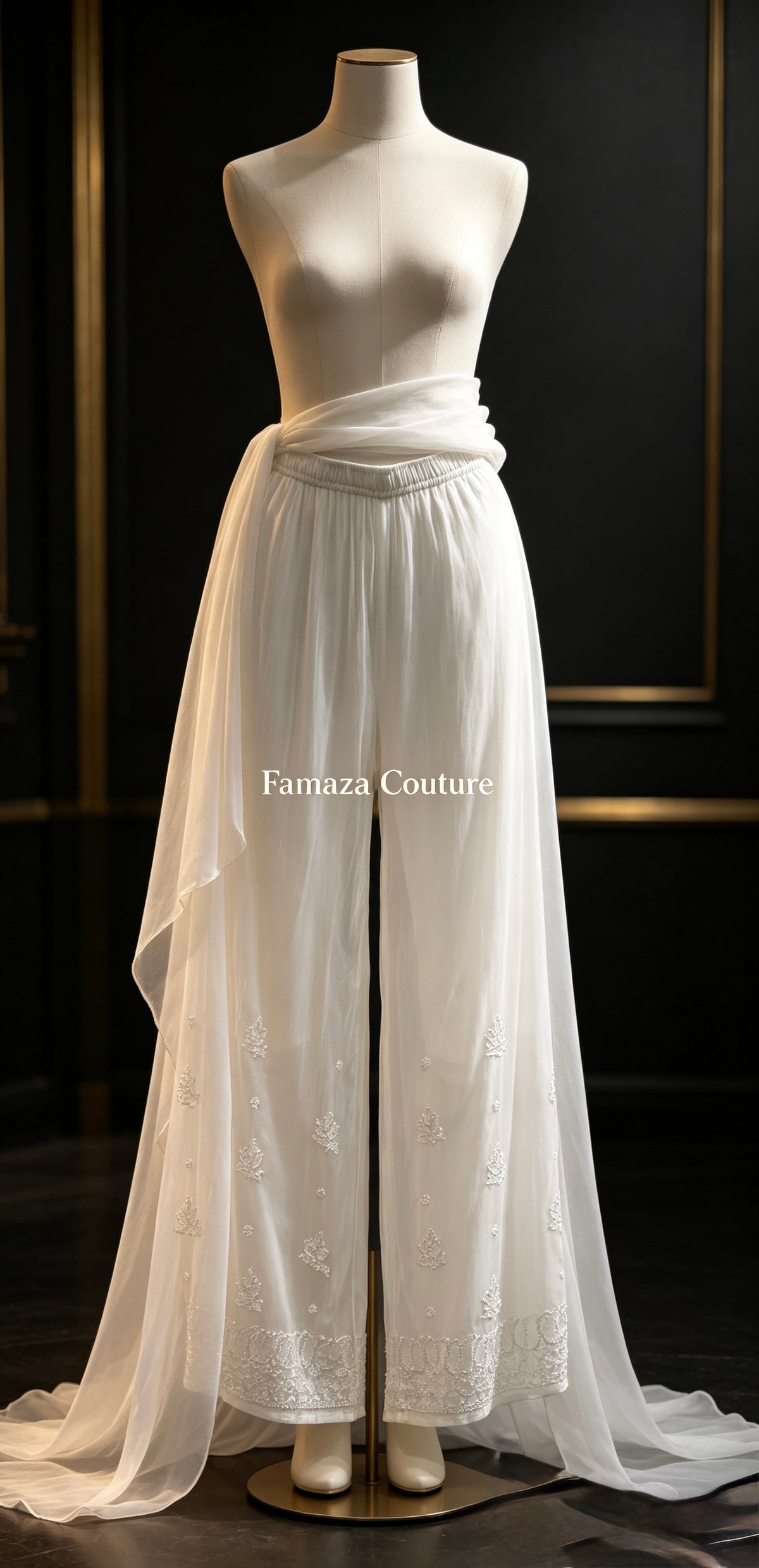 White viscose trousers with ghasspati hand embroidery 