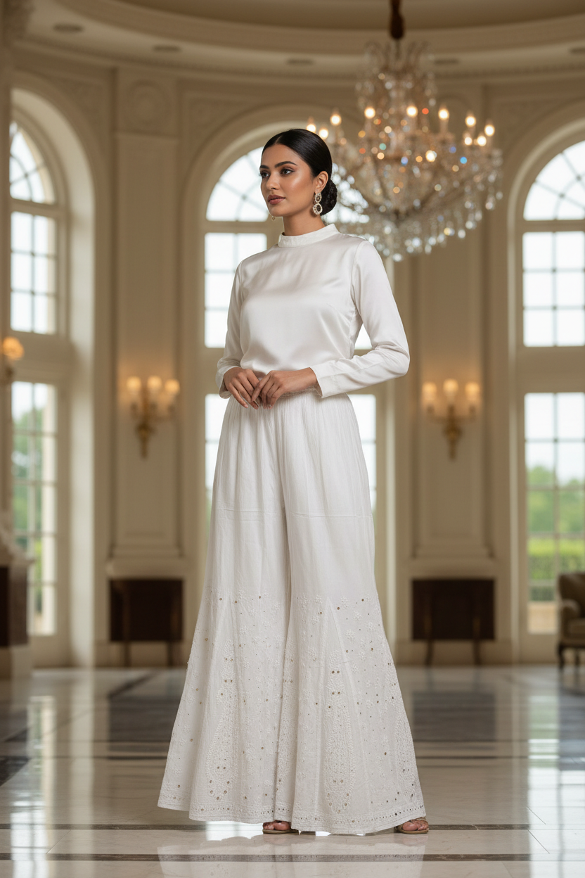 A woman stands in a grand, elegant hall wearing a long-sleeved white maxi dress with a high mock neck and subtle eyelet embroidery near the hem. The background features arched windows, warm wall sconces, a large crystal chandelier, and a polished floor.