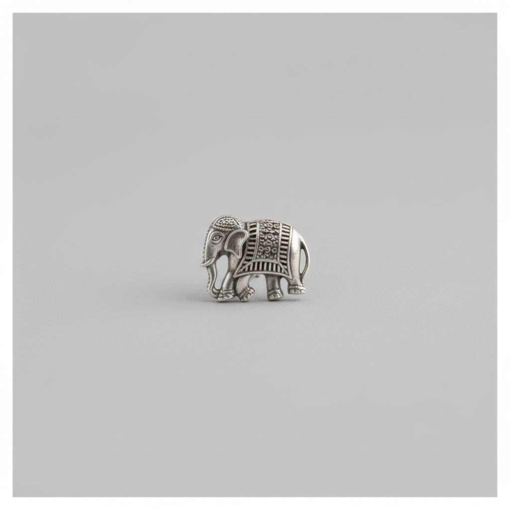 Woman adjusting an elephant-shaped earring in a mirror.