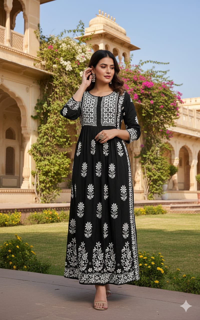 Woman in a black and white patterned dress standing in an outdoor setting with greenery and architecture.