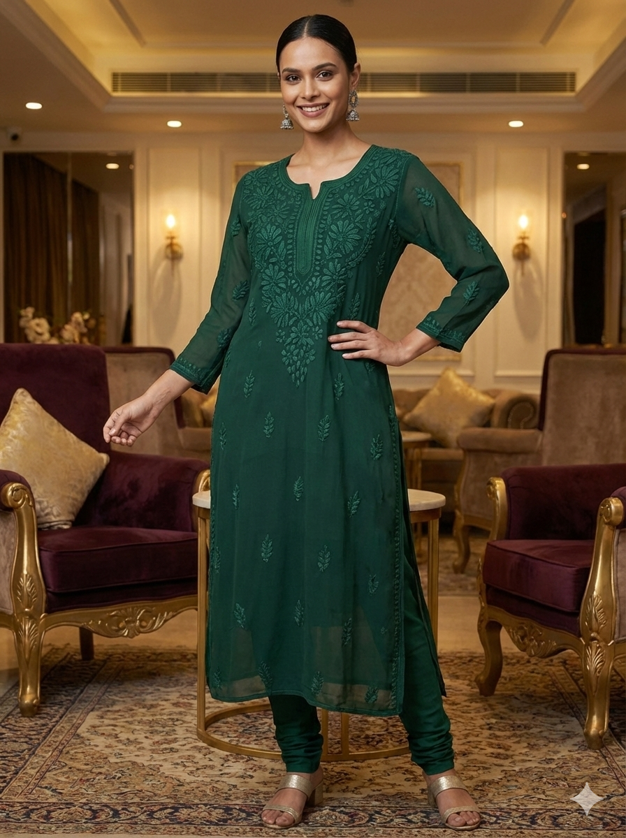 Woman in a green dress standing in an elegant room with purple sofas and gold accents.