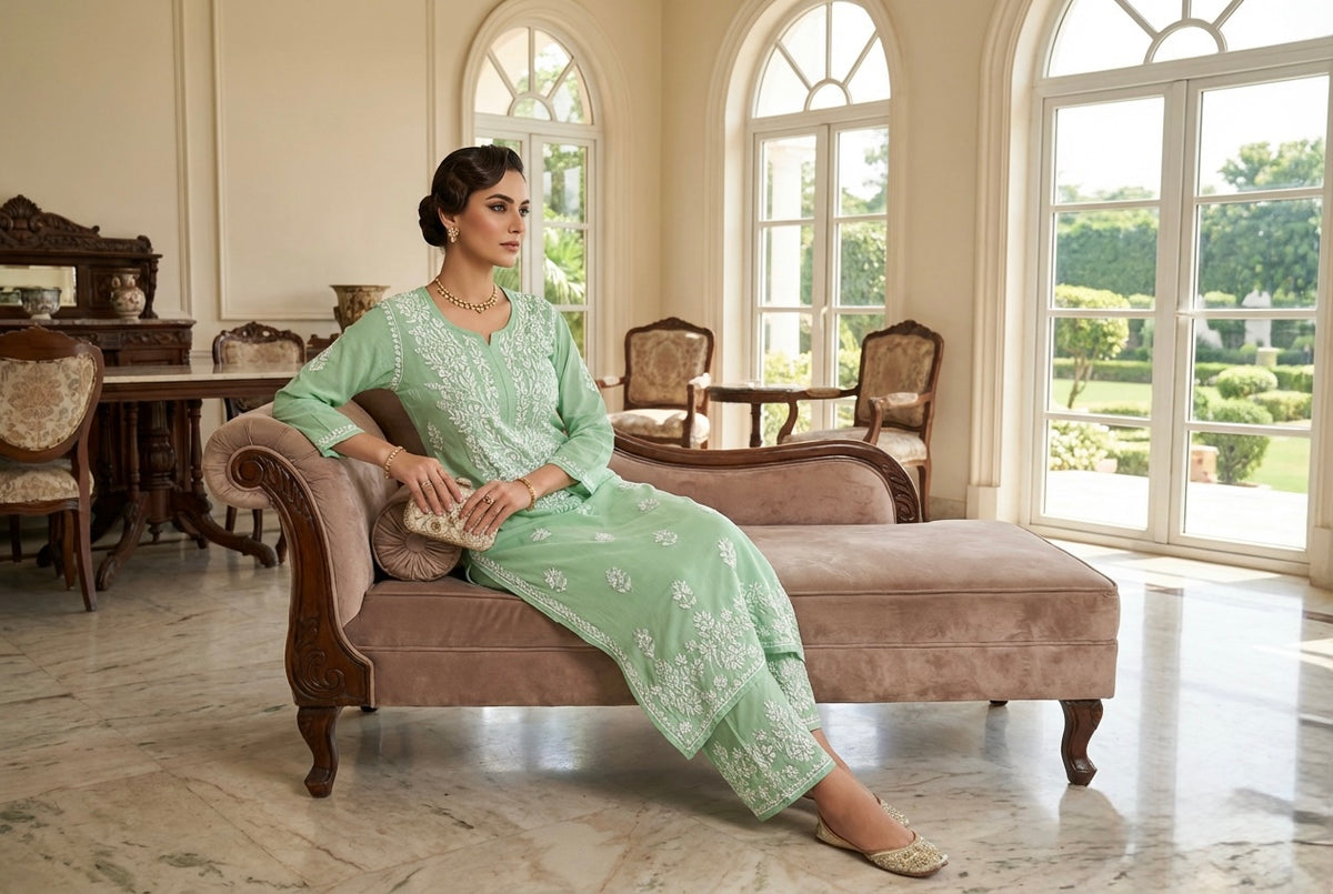 Woman in a light green traditional outfit sitting on a chaise lounge in a elegant room with large windows.