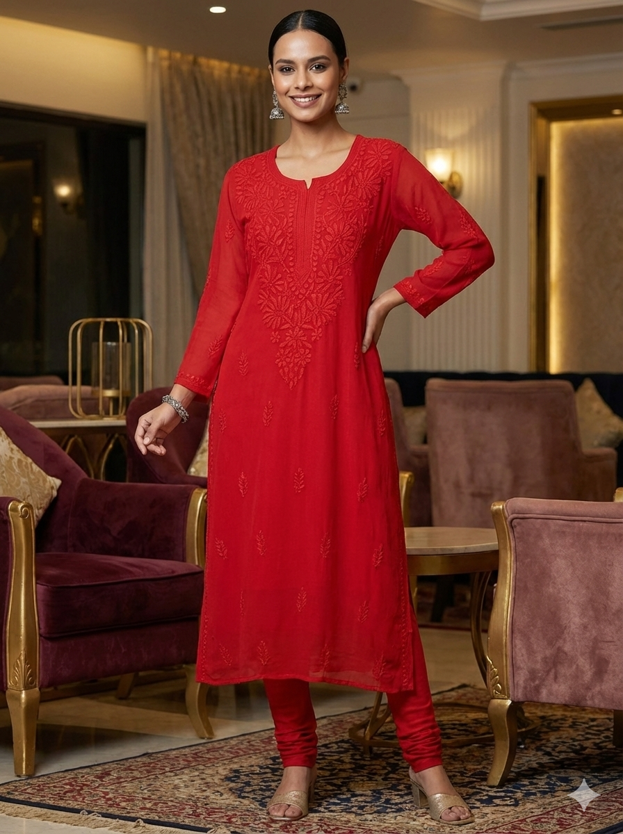 Woman in a red dress standing in an elegant room with purple chairs.