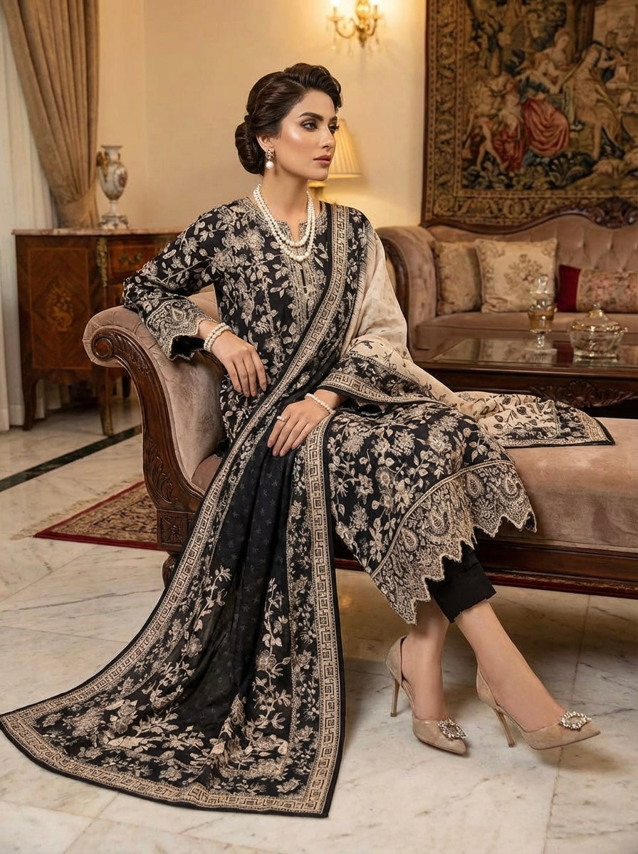 Woman in traditional black and white embroidered outfit sitting in a luxurious room.