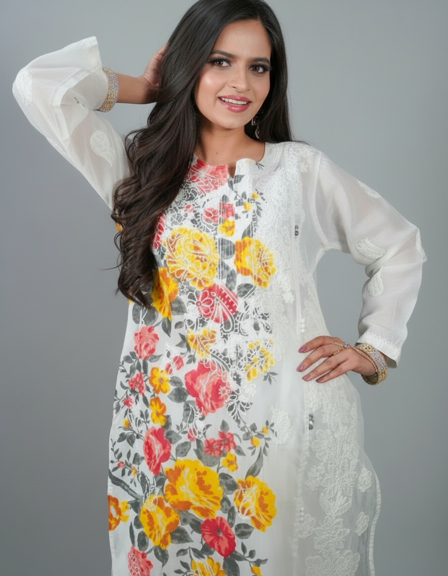 Woman wearing a floral dress with a white dupatta on a black background