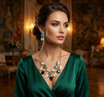 Woman wearing a green dress and jewelry in an elegant indoor setting