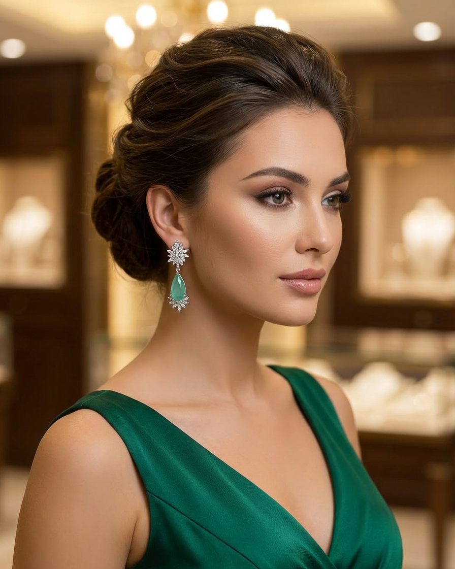 Woman wearing a green dress with a blurred background