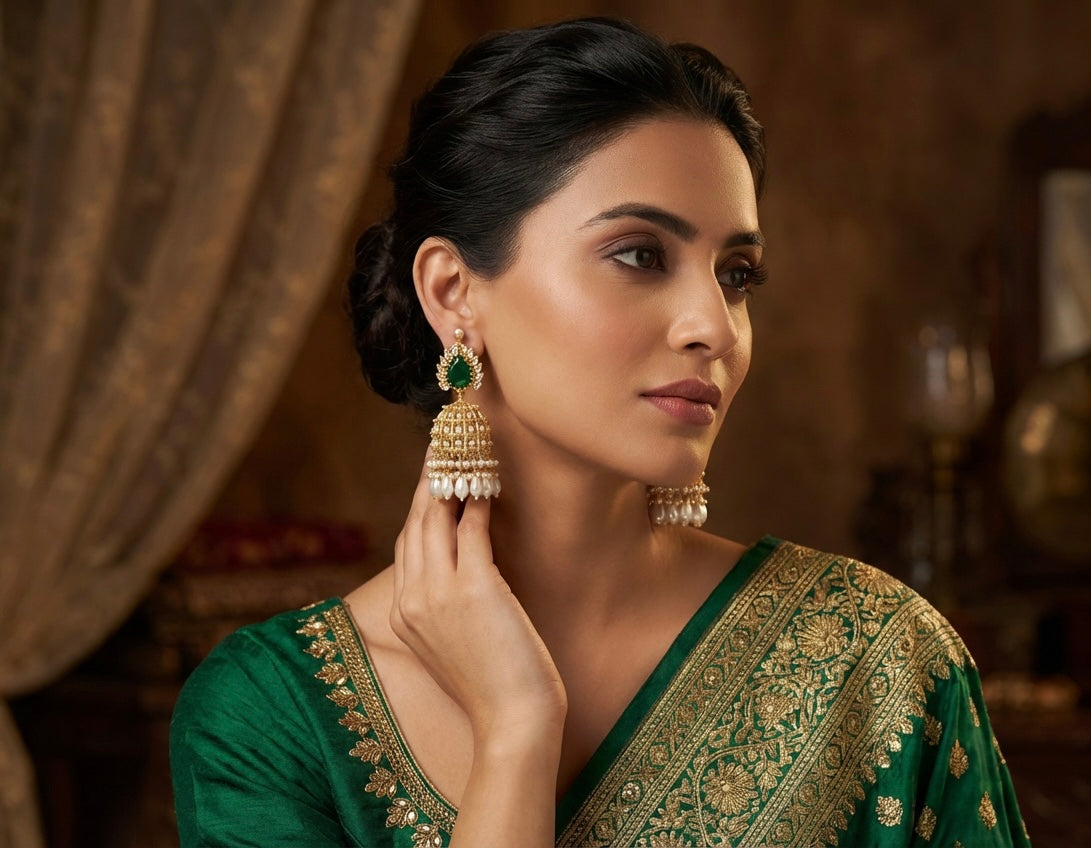 Woman wearing a green saree with gold embroidery, posing indoors.