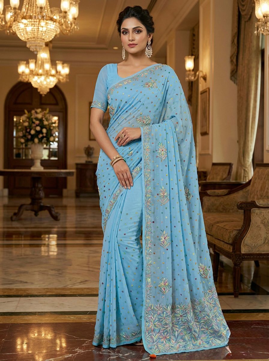 Woman wearing a light blue saree with a floral pattern in an elegant indoor setting.