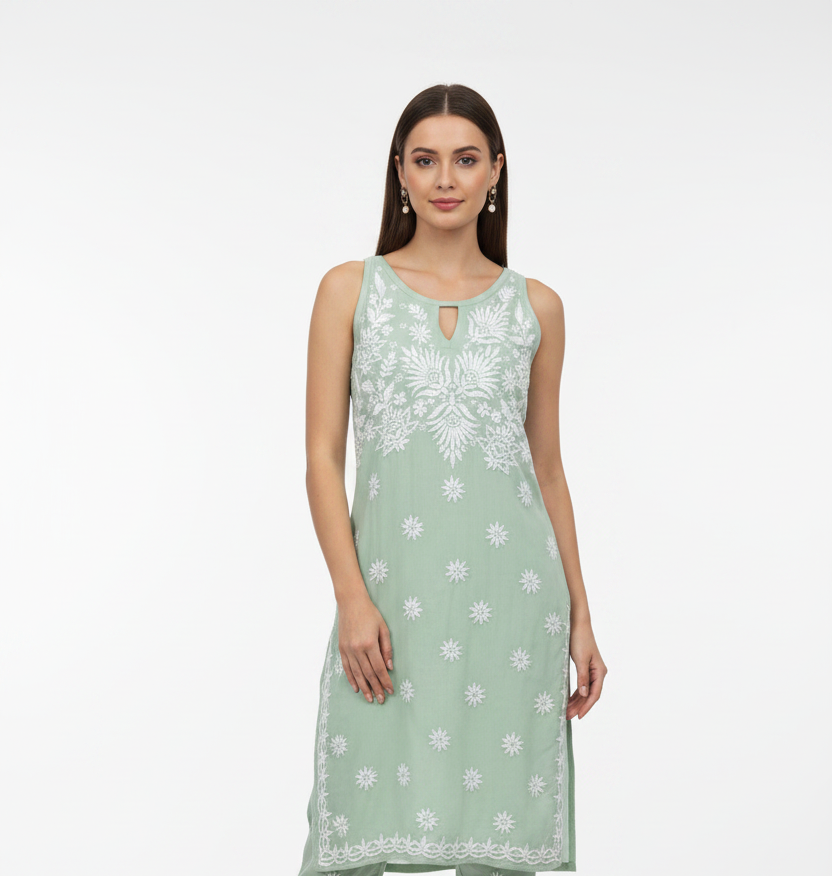 Woman wearing a mint green floral hand embroidered kurti. 