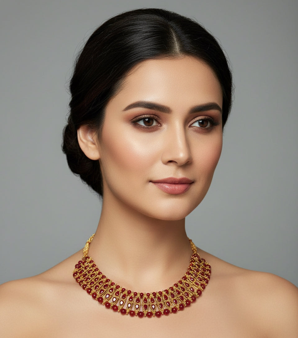 Woman wearing a red and gold necklace against a gray background
