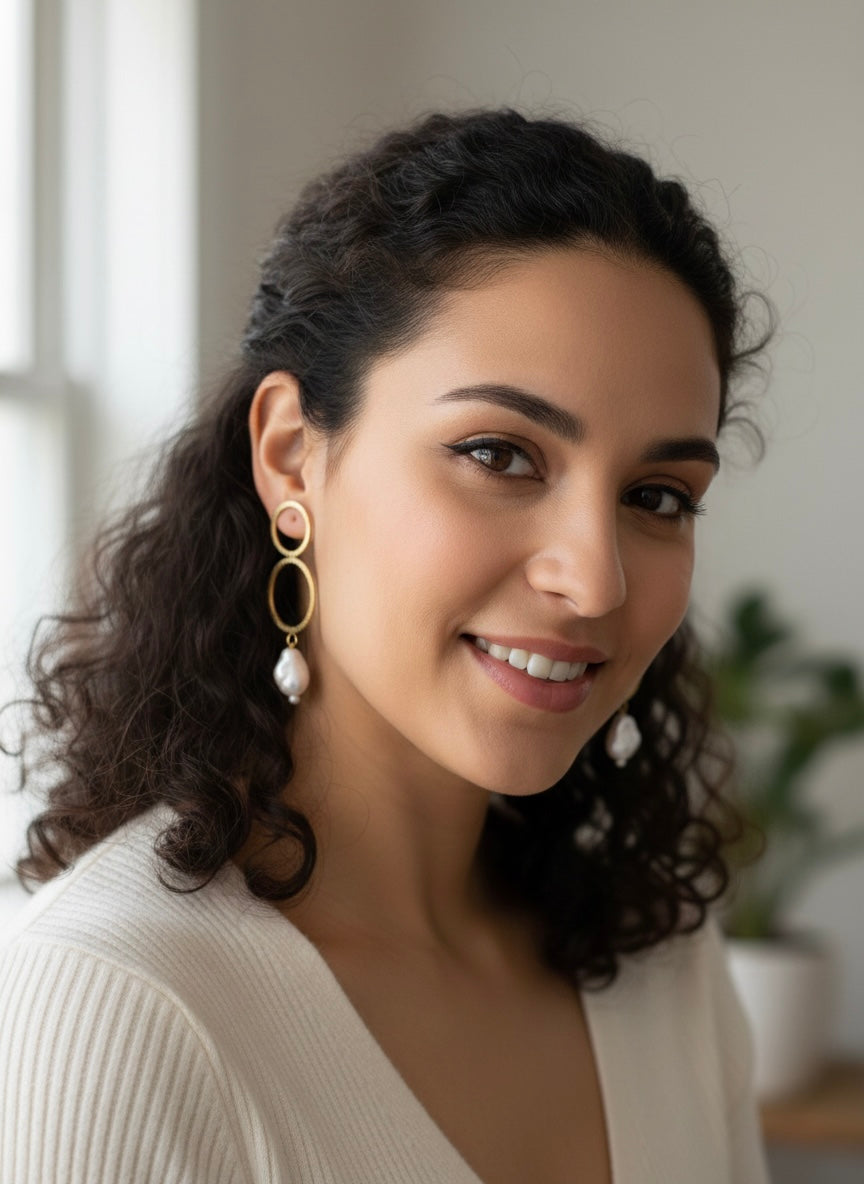 Mother of Pearl Gold Twin Circle Earrings - Posh Tear Drop Jewellery