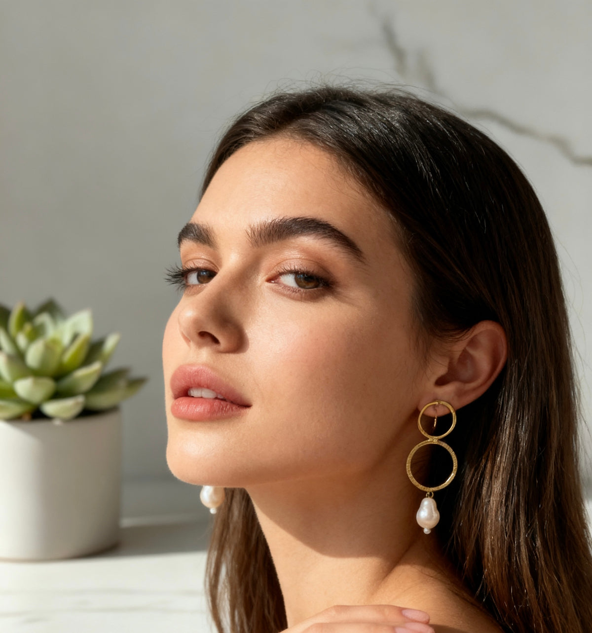 Geometric Golden Earrings with Natural Pearl Drop - English Jewellery Style