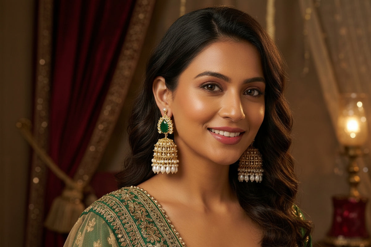 Woman wearing green and gold traditional attire with large earrings.