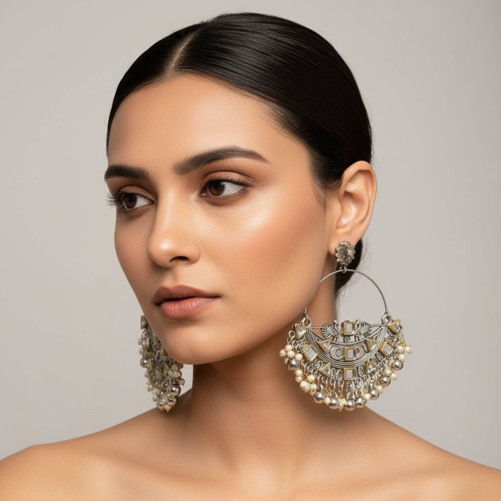 Woman wearing large, ornate earrings against a neutral background
