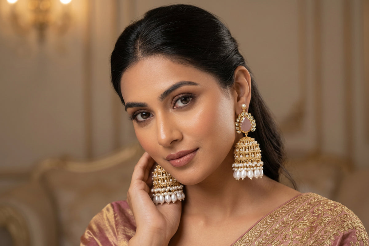 Woman wearing large, ornate earrings in an elegant indoor setting