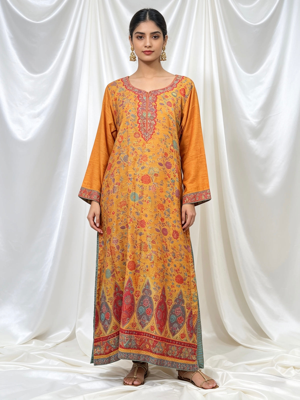 Woman wearing original kanni silk long kurti with it's full elegance. 